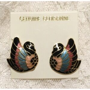 Vintage Cloisonne Swan Earrings Clip Ons Gold Tone